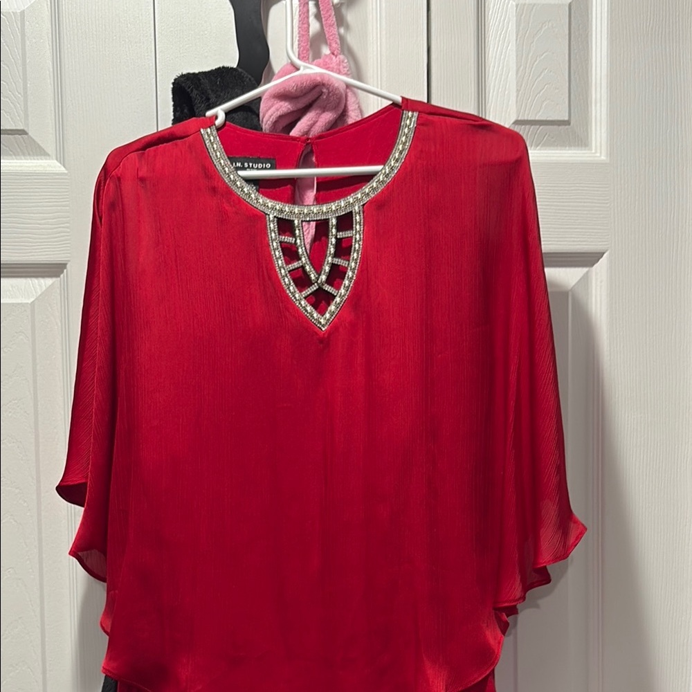 I.N. Studio Red Embellished Flutter Sleeve Blouse